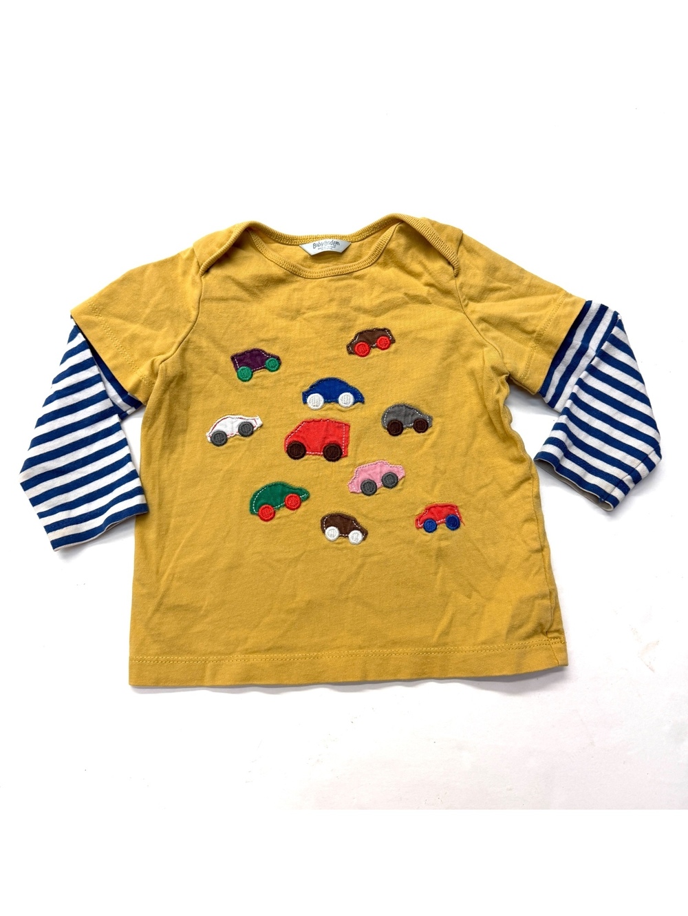 Baby Mini Boden Mustard Yellow Car Appliqué Layered Sleeve Tee Shirt 12-18 month